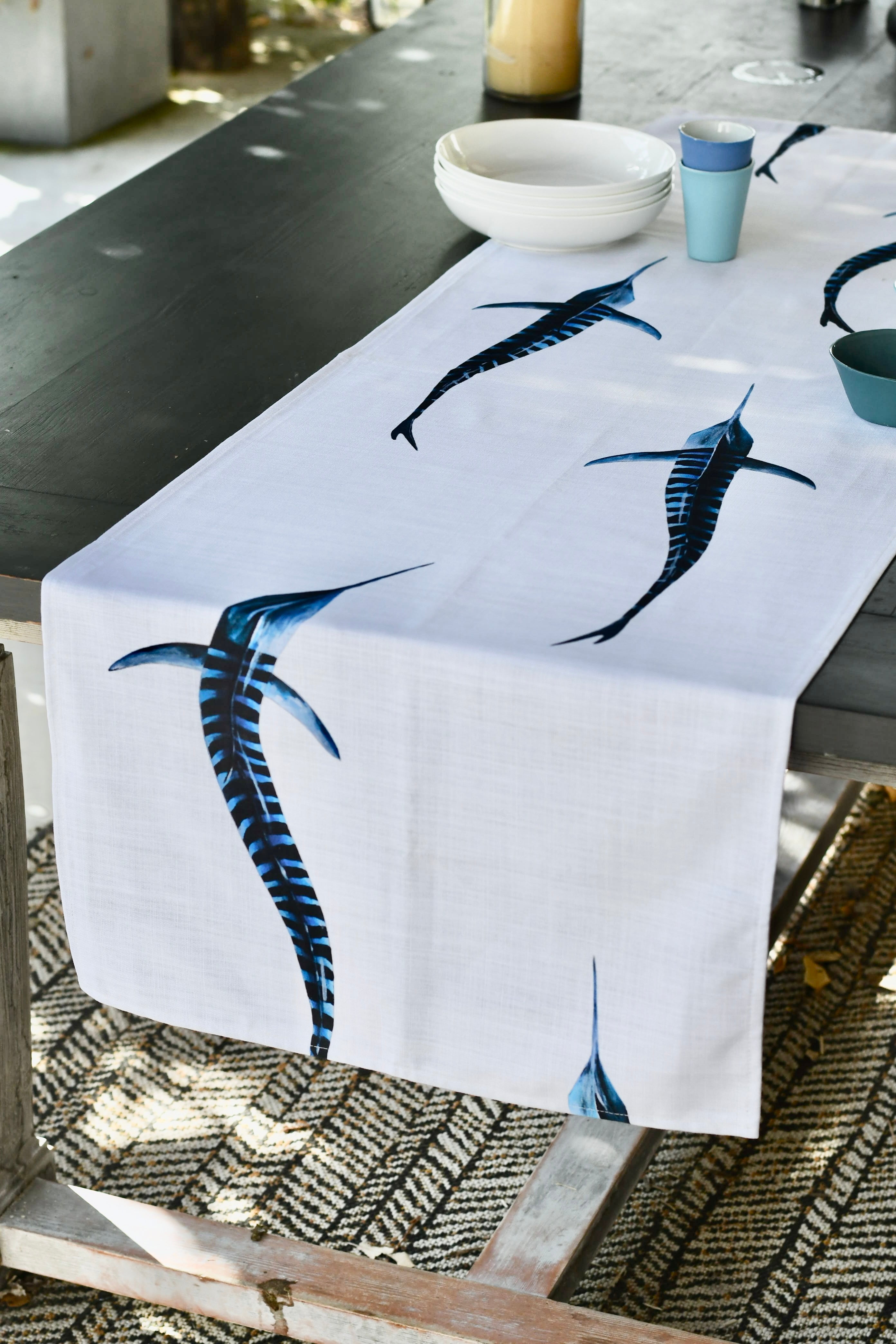 Chemin de table en coton : Les Marlins Rayés