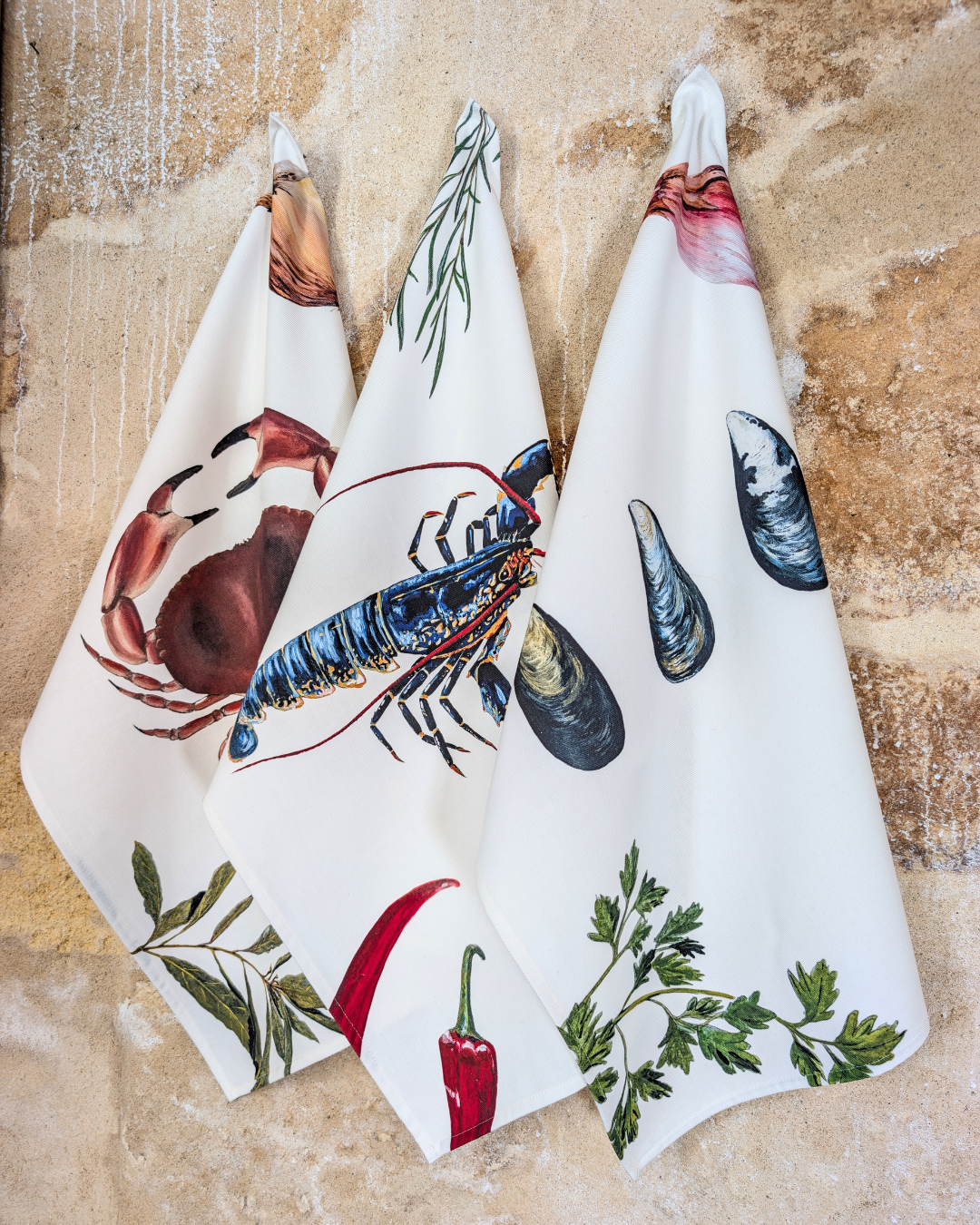 Lot de 3 Torchons 100% coton : Les Recettes de Fruits de Mer