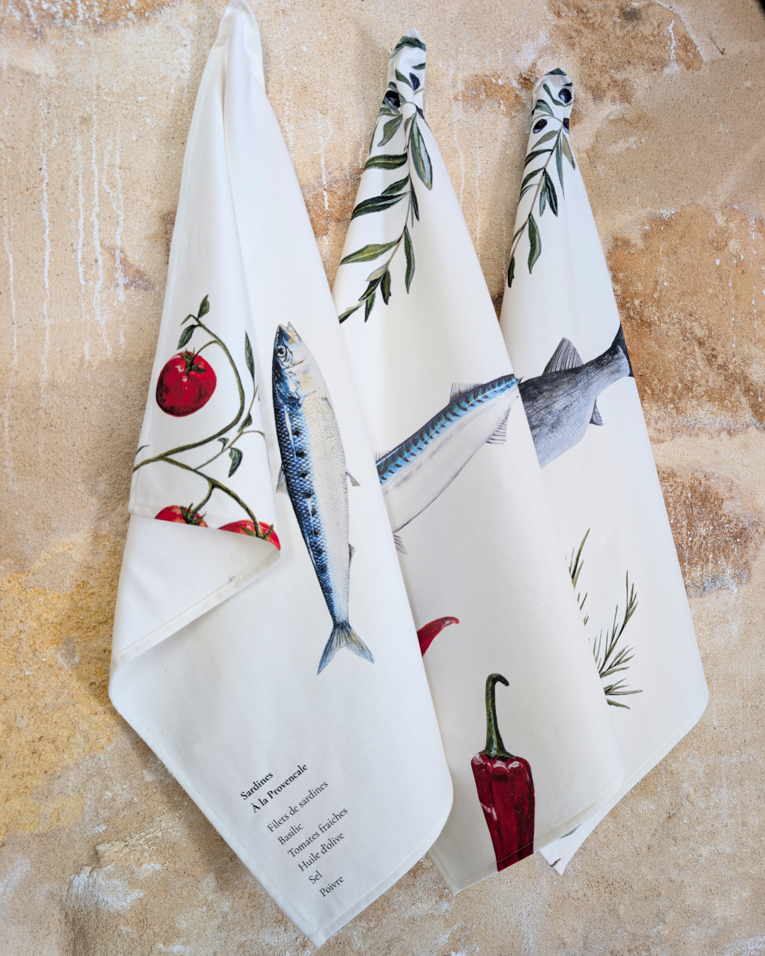 Lot de 3 Torchons 100% coton : Les Recettes de Poissons