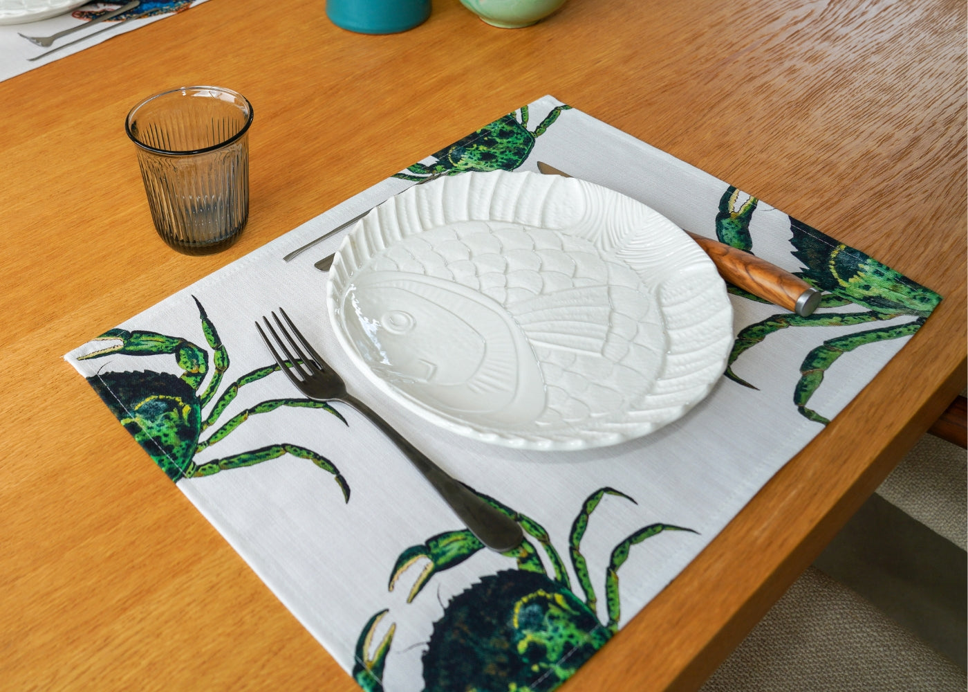 Set de table en coton natté x enduction acrylique : Crabe Vert