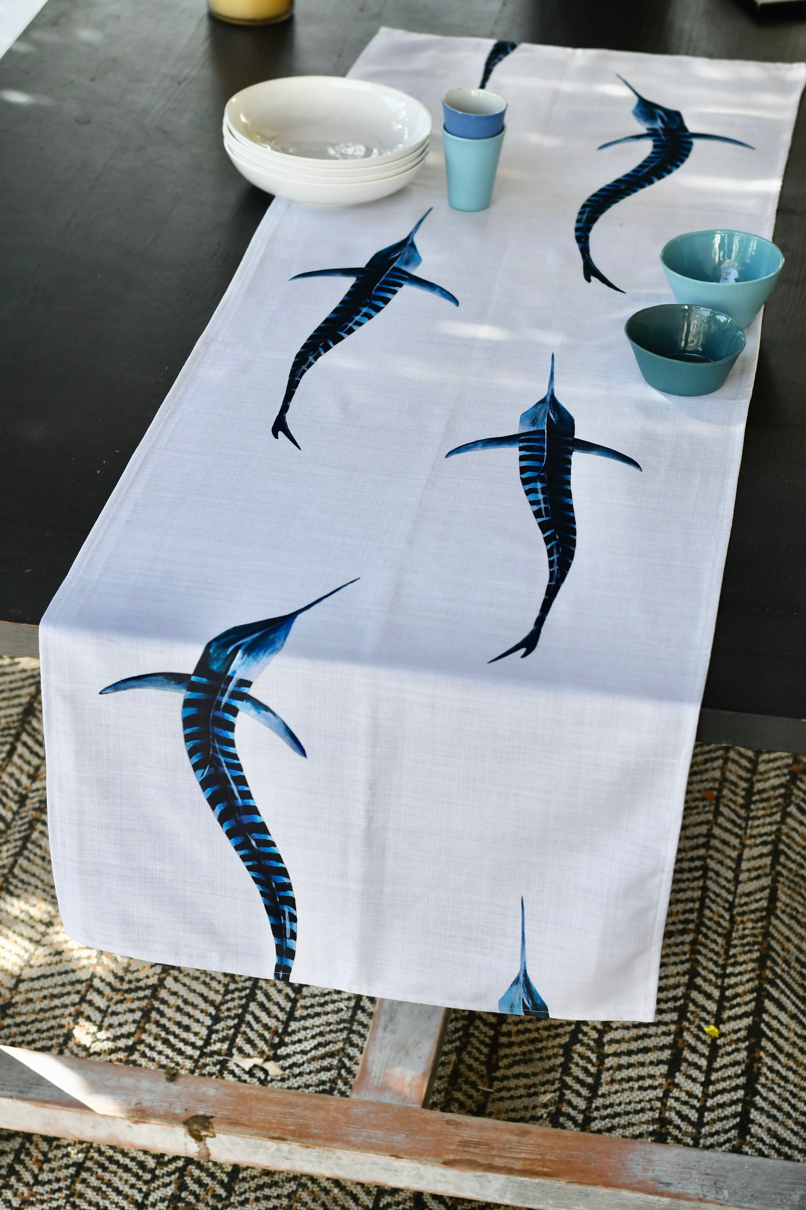 Chemin de table en coton : Les Marlins Rayés